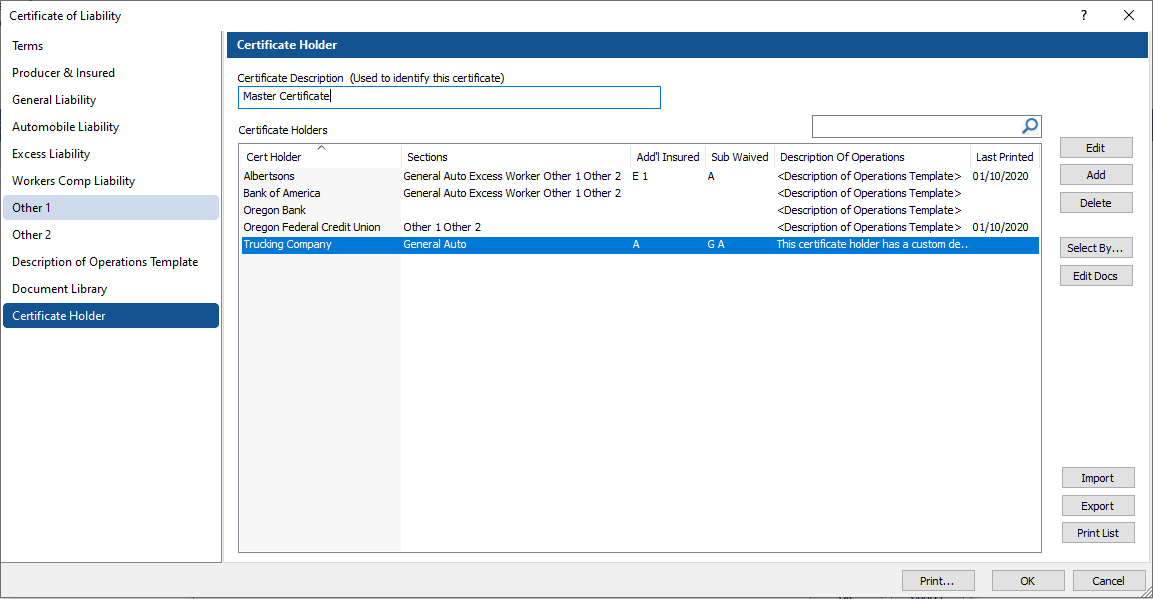 COI - Cert Holder tab