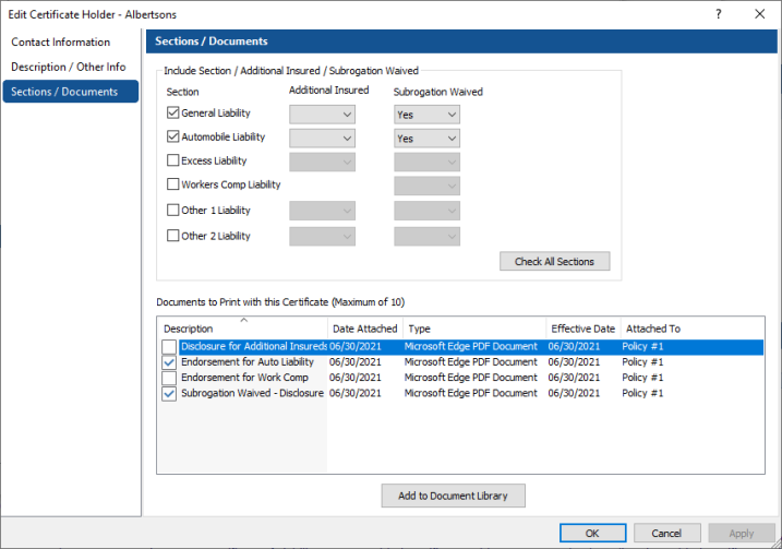 COI - Sections Documents tab