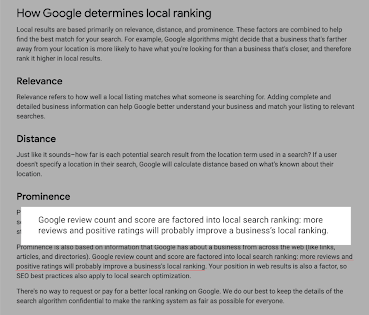 Google algorithm for local search rankings: relevance, distance, prominence