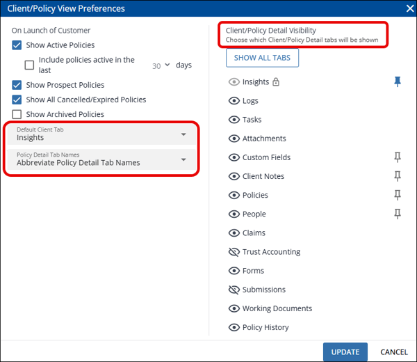 Policy View - Preferences Screen