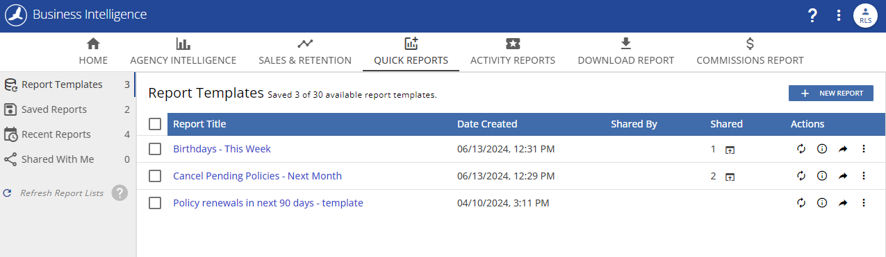 Quick Reports - Dashboard with Templates