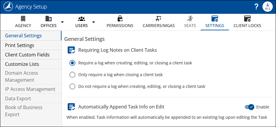 Tasks Settings